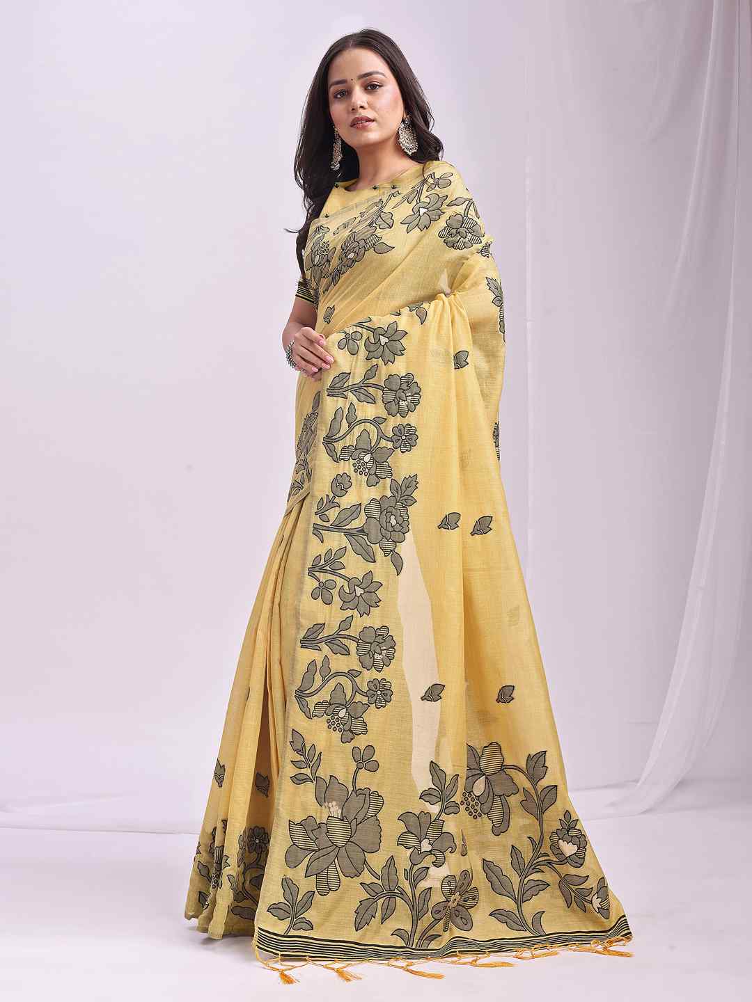 Sea Green Floral Cotton Linen Saree