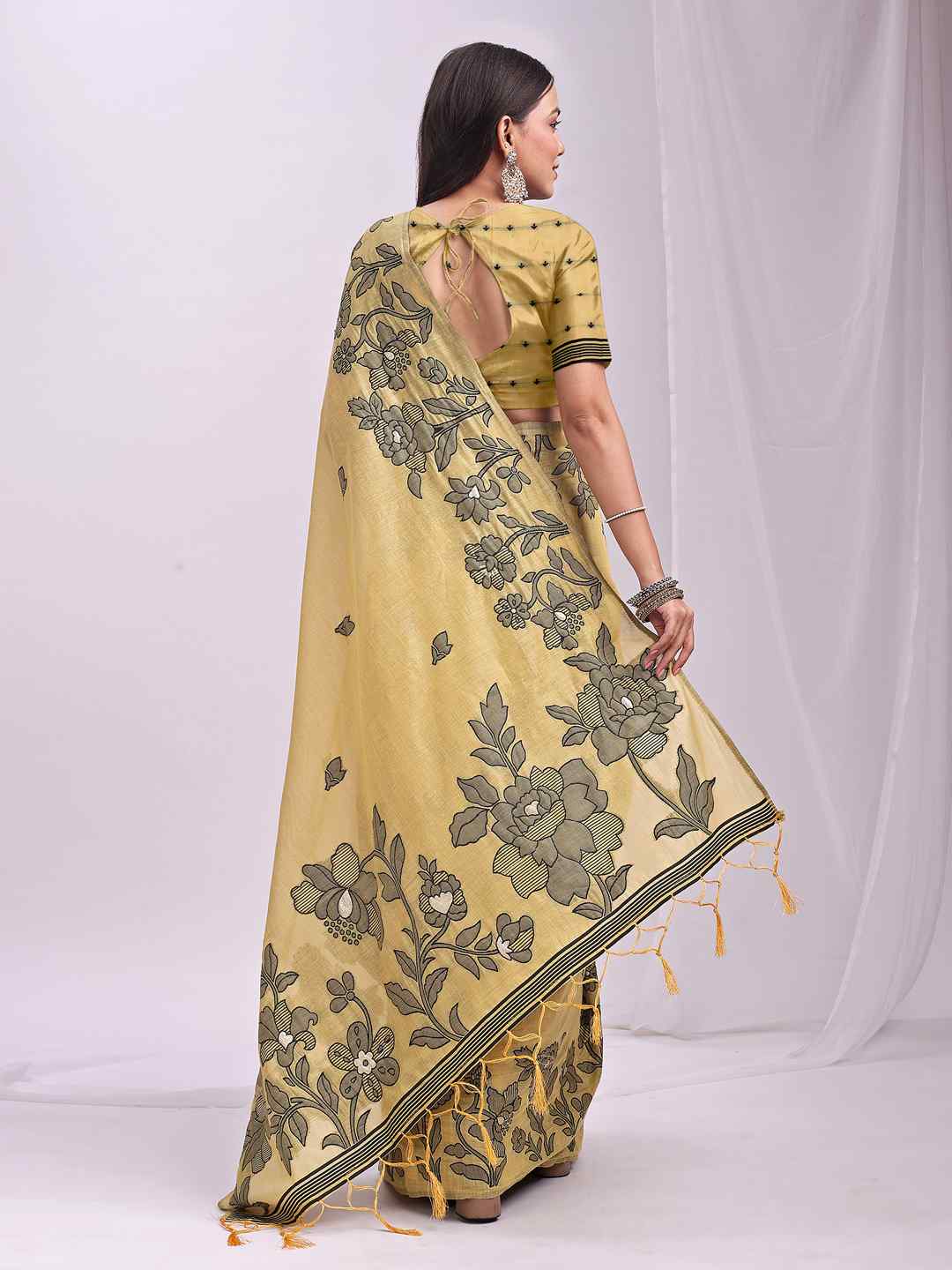 Sea Green Floral Cotton Linen Saree