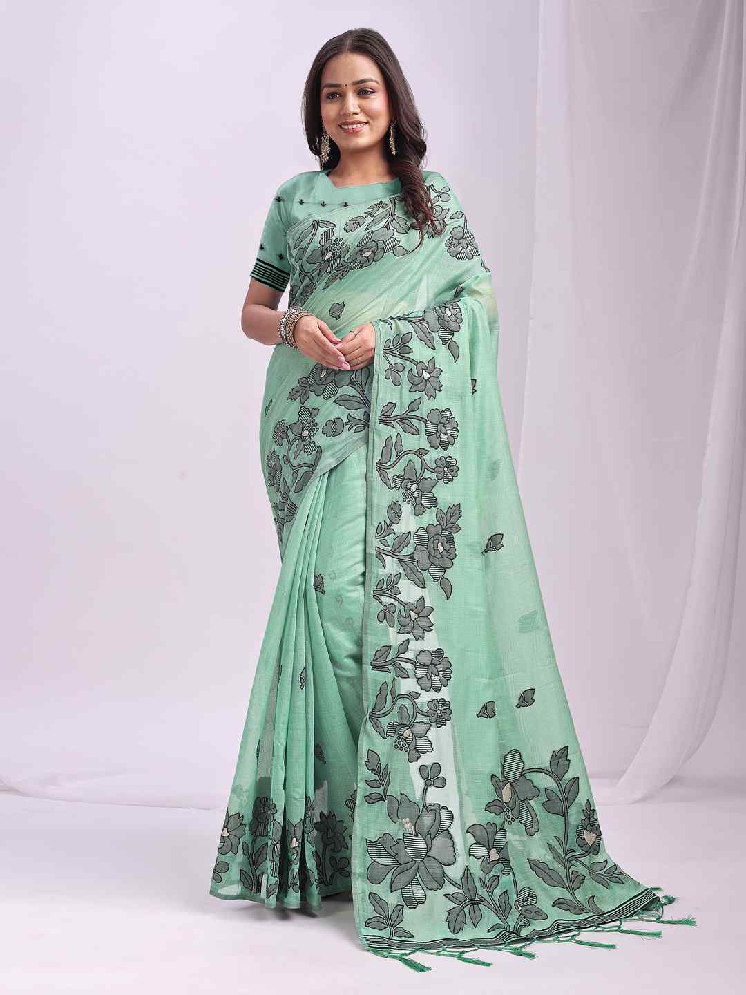 Sea Green Floral Cotton Linen Saree
