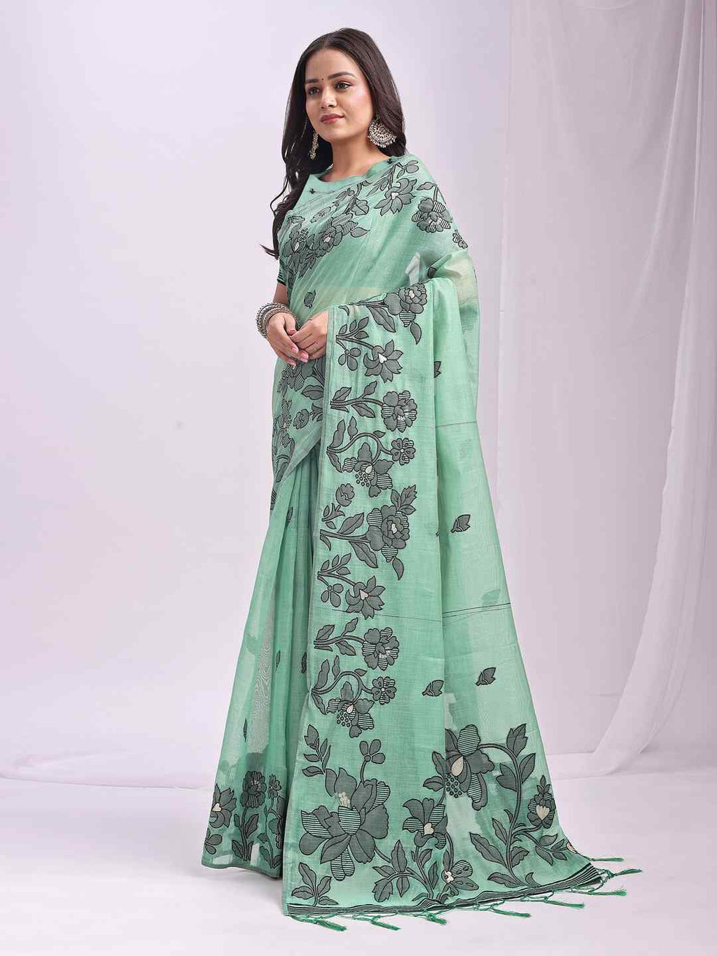 Sea Green Floral Cotton Linen Saree