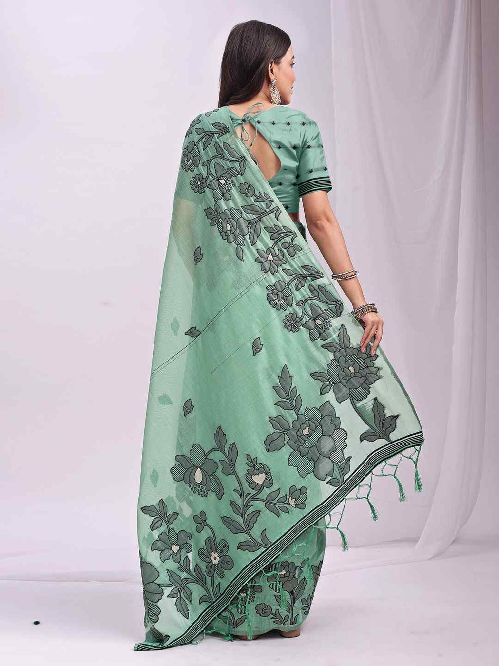 Sea Green Floral Cotton Linen Saree