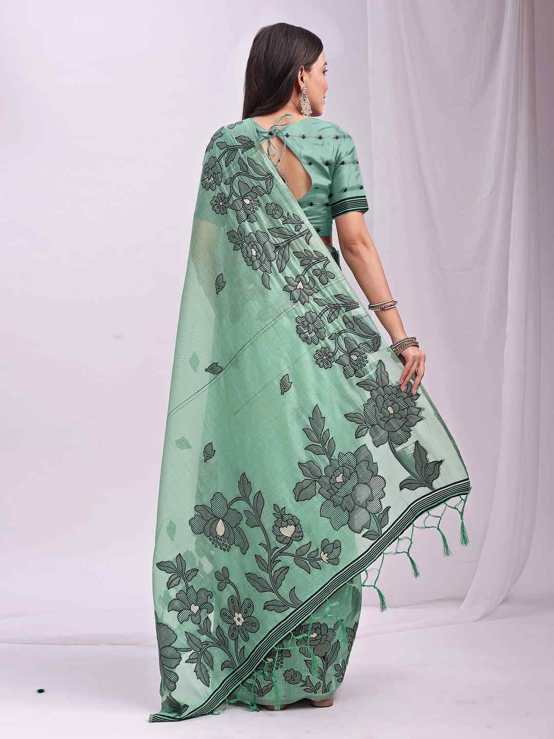 Sea Green Floral Cotton Linen Saree