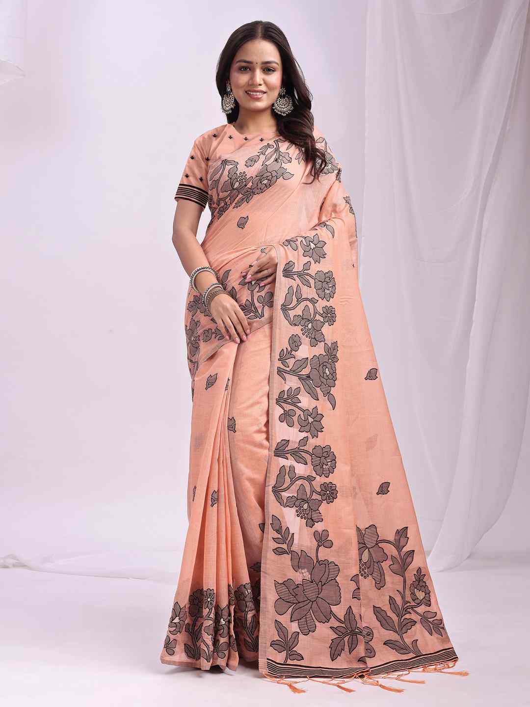 Sea Green Floral Cotton Linen Saree