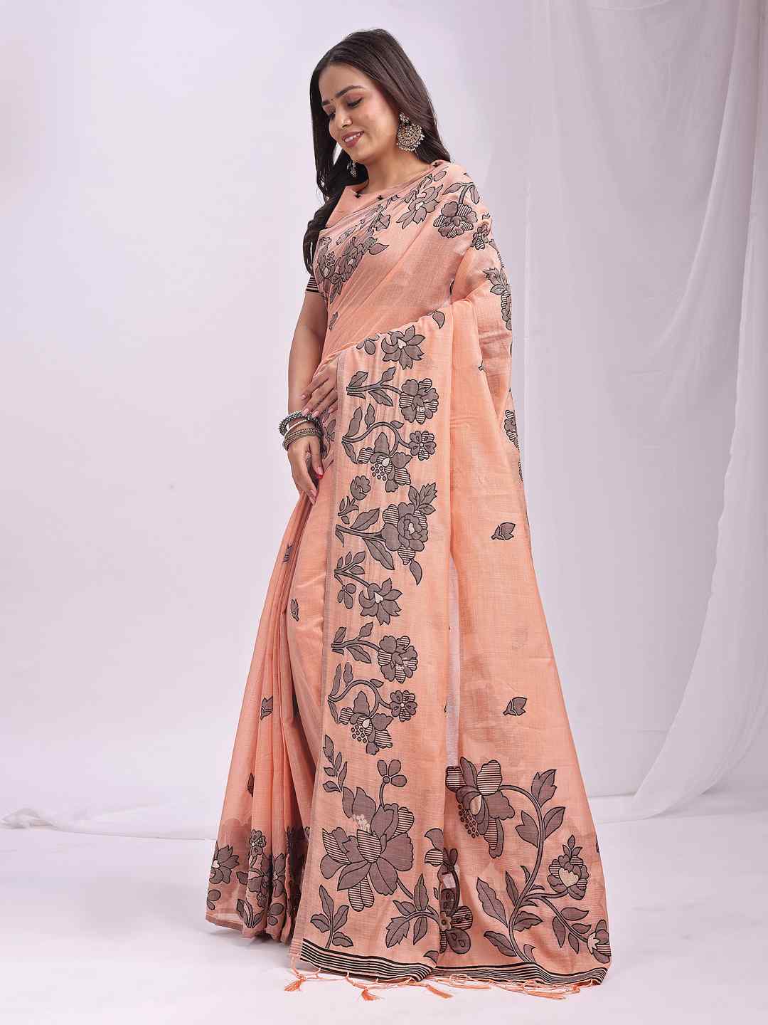 Sea Green Floral Cotton Linen Saree