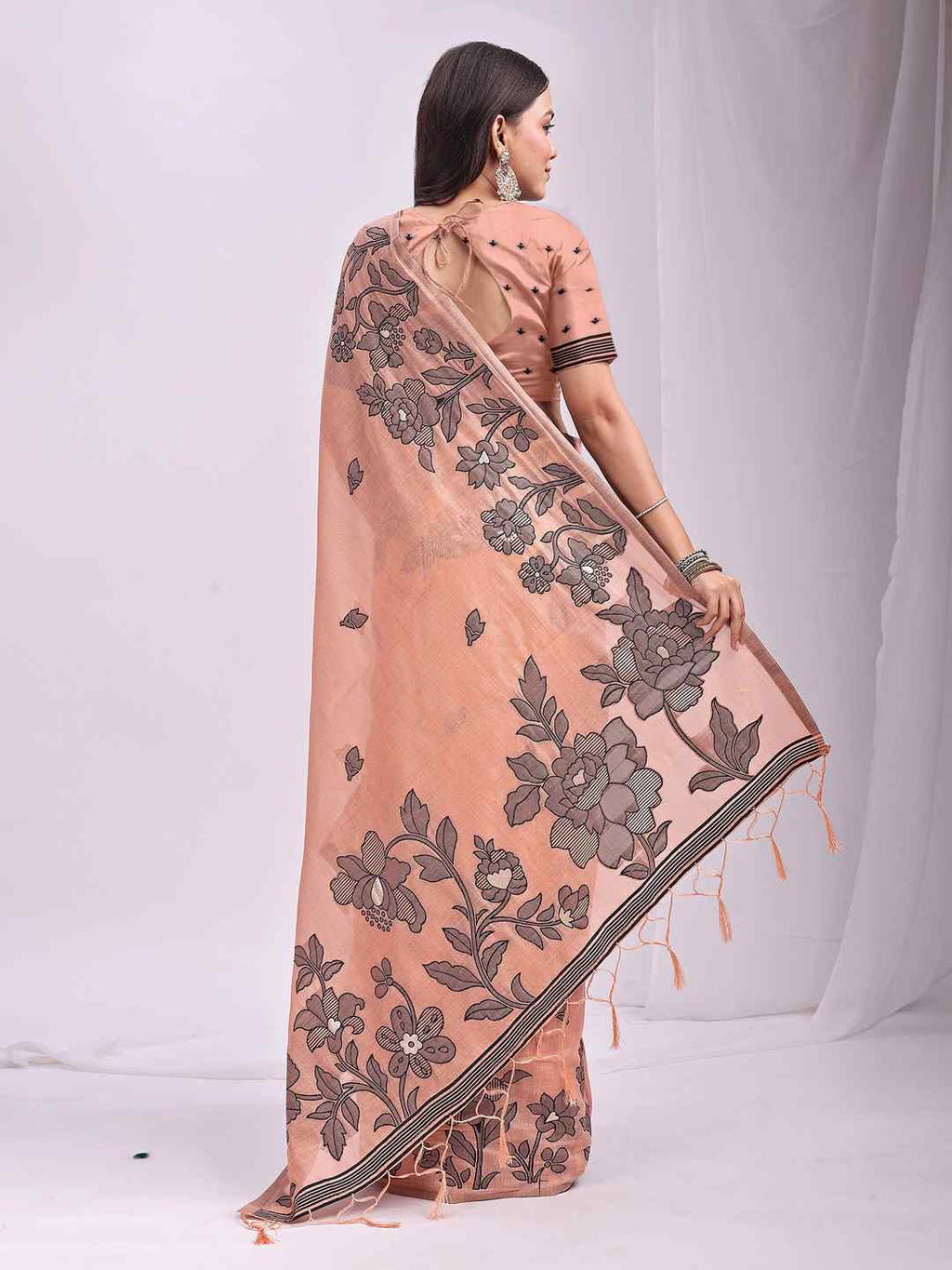 Sea Green Floral Cotton Linen Saree