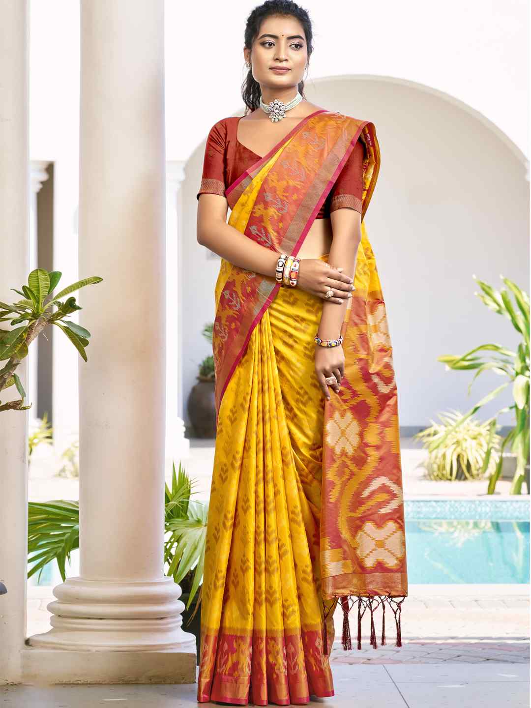 Vibrant Yellow & Maroon Pochampalli Silk Saree
