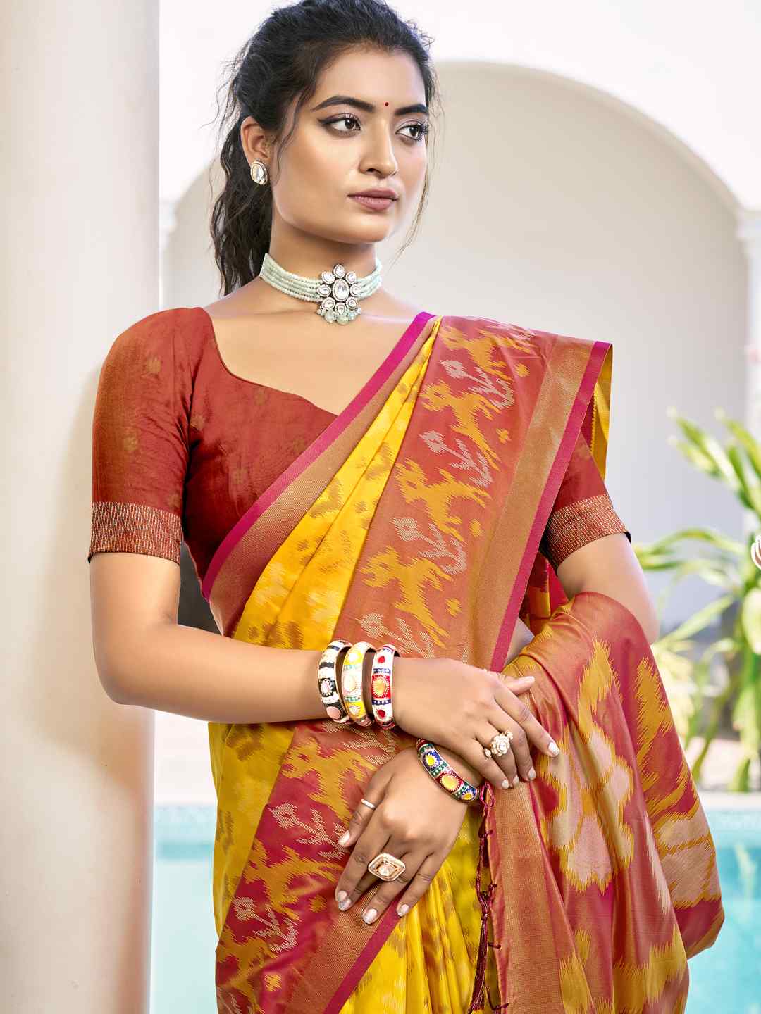 Vibrant Yellow & Maroon Pochampalli Silk Saree