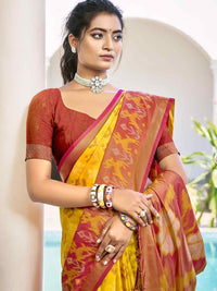 Vibrant Yellow & Maroon Pochampalli Silk Saree