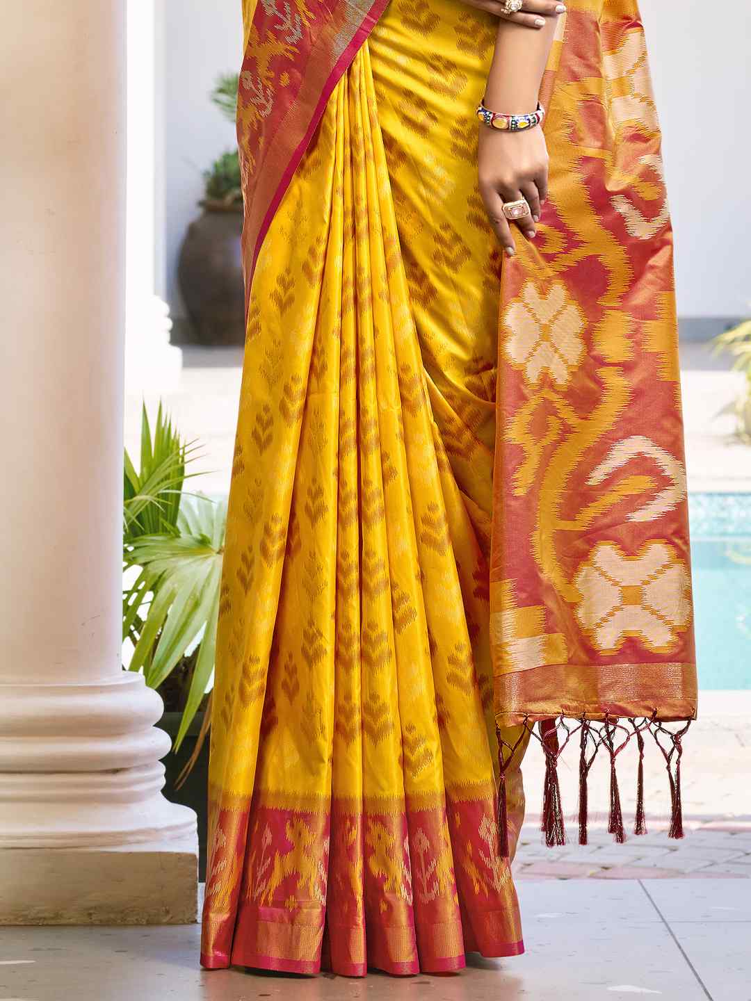 Vibrant Yellow & Maroon Pochampalli Silk Saree