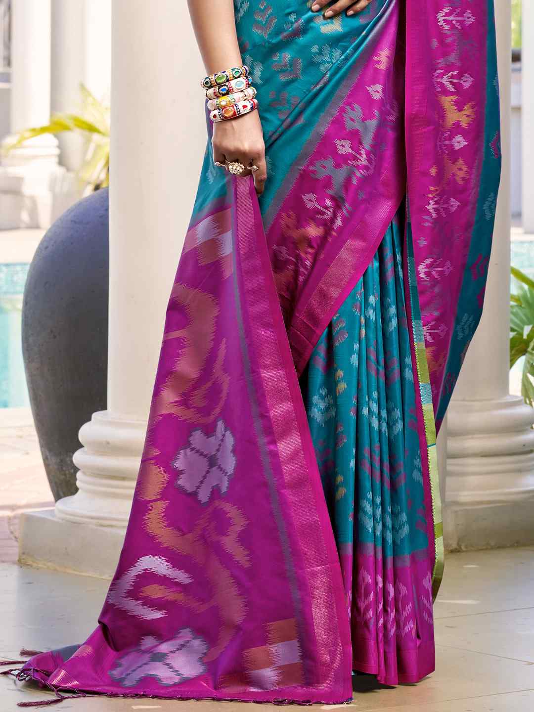 Vibrant Yellow & Maroon Pochampalli Silk Saree
