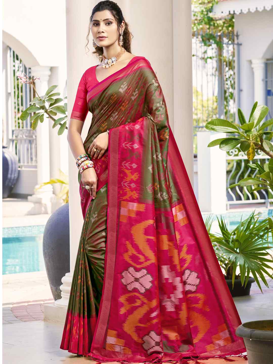 Vibrant Yellow & Maroon Pochampalli Silk Saree