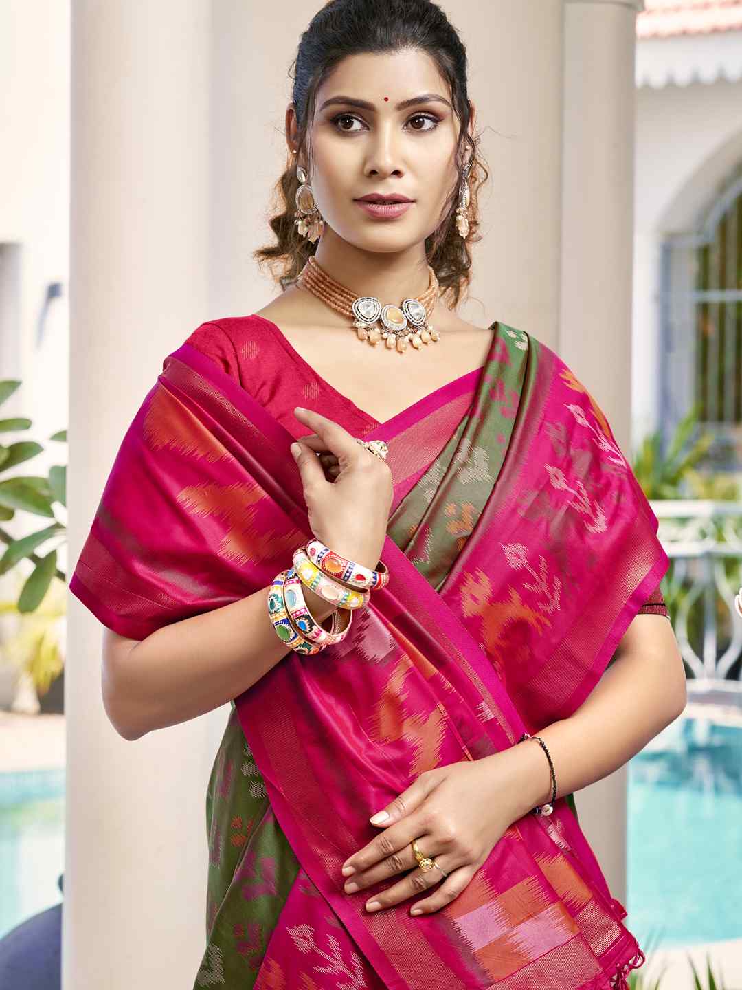 Vibrant Yellow & Maroon Pochampalli Silk Saree