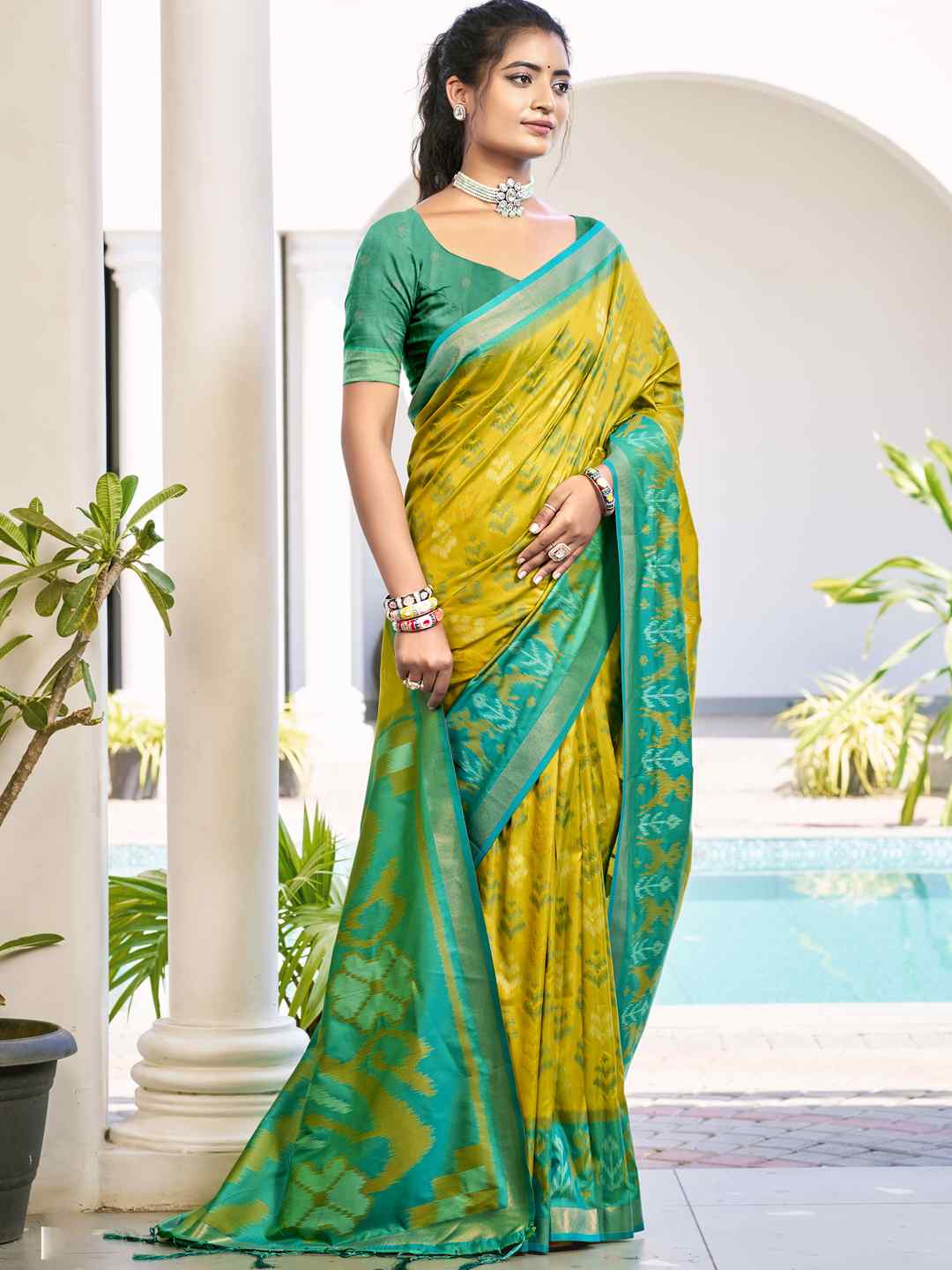 Vibrant Yellow & Maroon Pochampalli Silk Saree