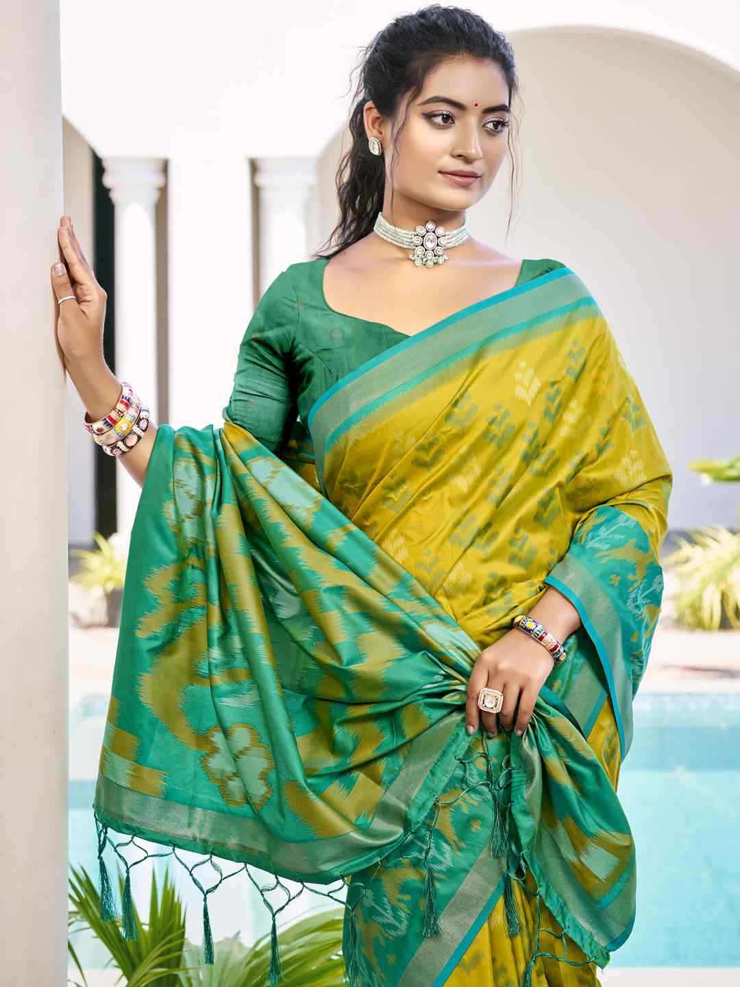 Vibrant Yellow & Maroon Pochampalli Silk Saree
