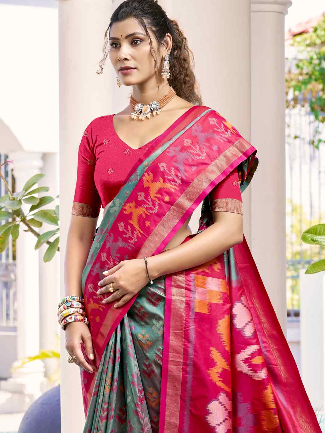 Vibrant Yellow & Maroon Pochampalli Silk Saree