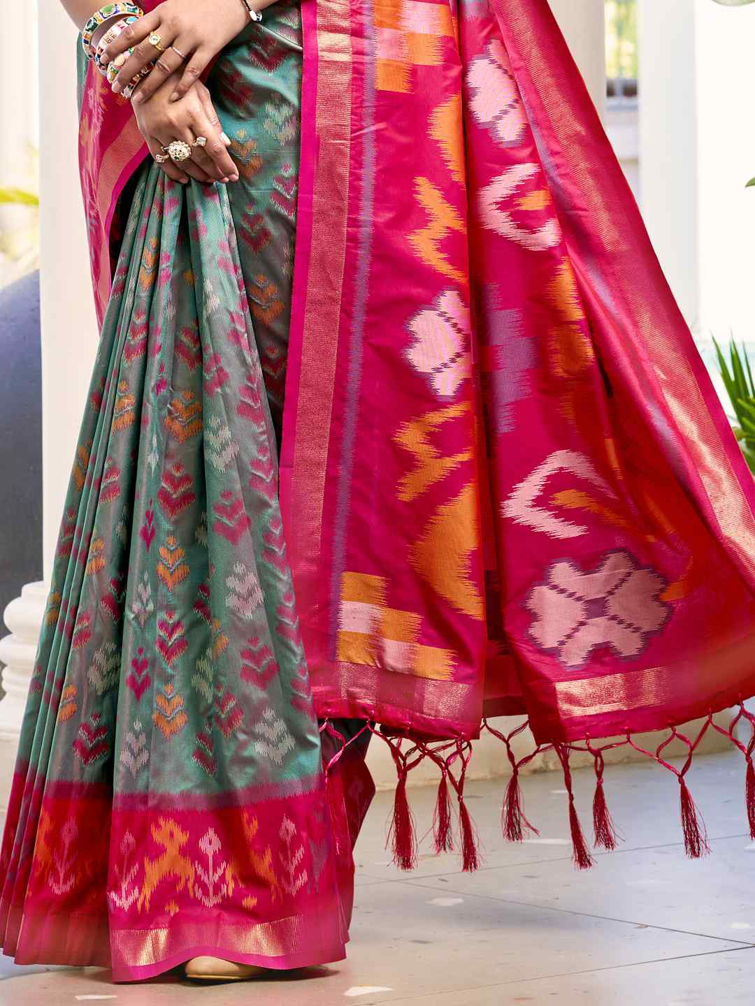 Vibrant Yellow & Maroon Pochampalli Silk Saree