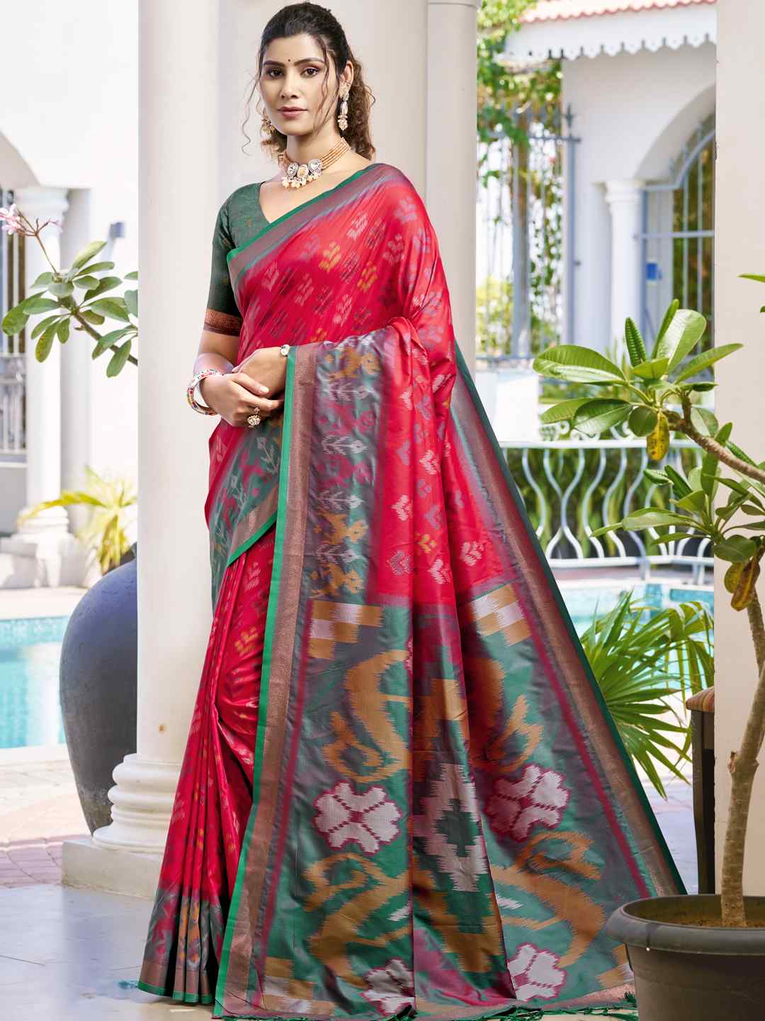 Vibrant Yellow & Maroon Pochampalli Silk Saree
