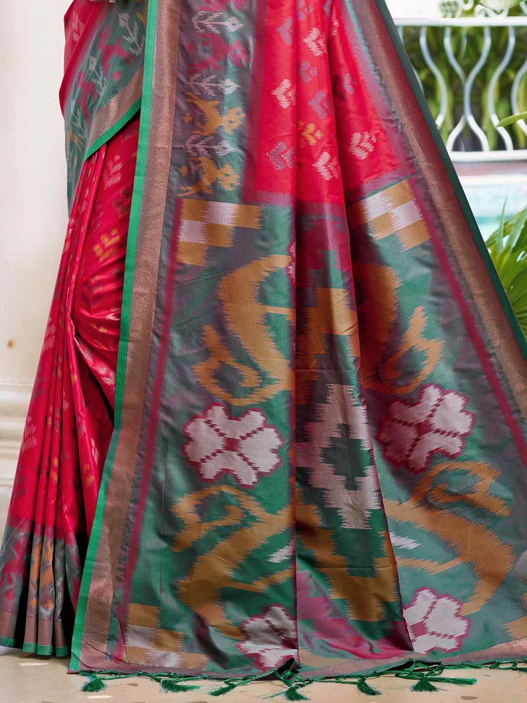 Vibrant Yellow & Maroon Pochampalli Silk Saree