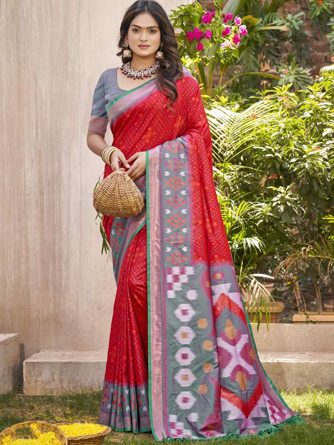 Royal Red Grey Pochampalli Soft Silk Saree