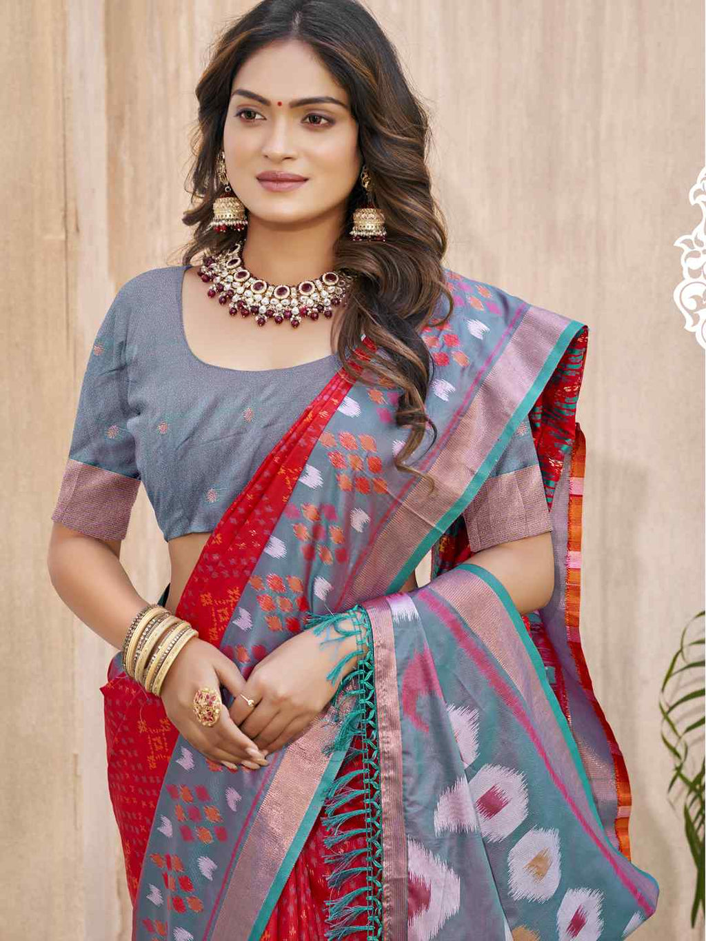 Royal Red Grey Pochampalli Soft Silk Saree