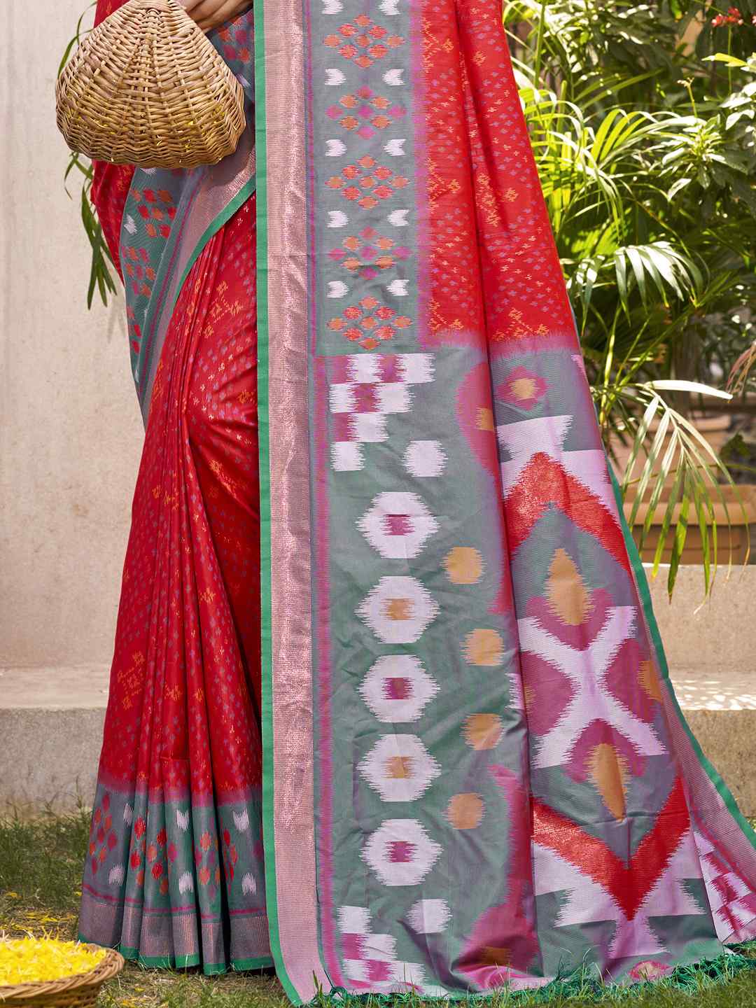 Royal Red Grey Pochampalli Soft Silk Saree