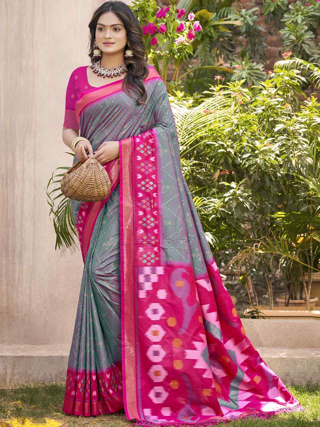 Royal Red Grey Pochampalli Soft Silk Saree