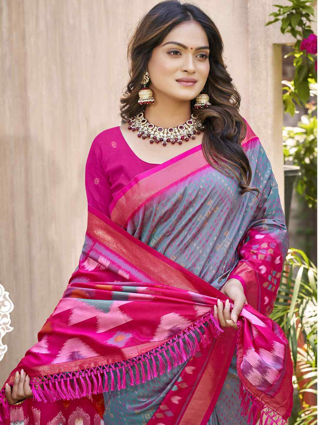 Royal Red Grey Pochampalli Soft Silk Saree