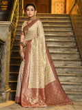 Cream and Maroon Woven Zari Work banarasi silk Saree