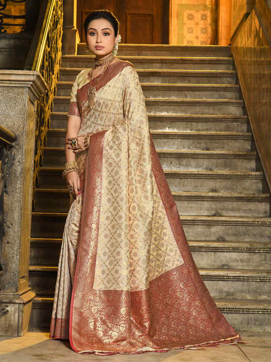 Cream and Maroon Woven Zari Work banarasi silk Saree