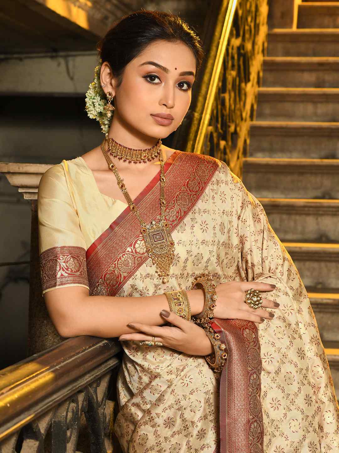 Cream and Maroon Woven Zari Work banarasi silk Saree