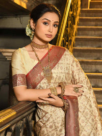 Cream and Maroon Woven Zari Work banarasi silk Saree