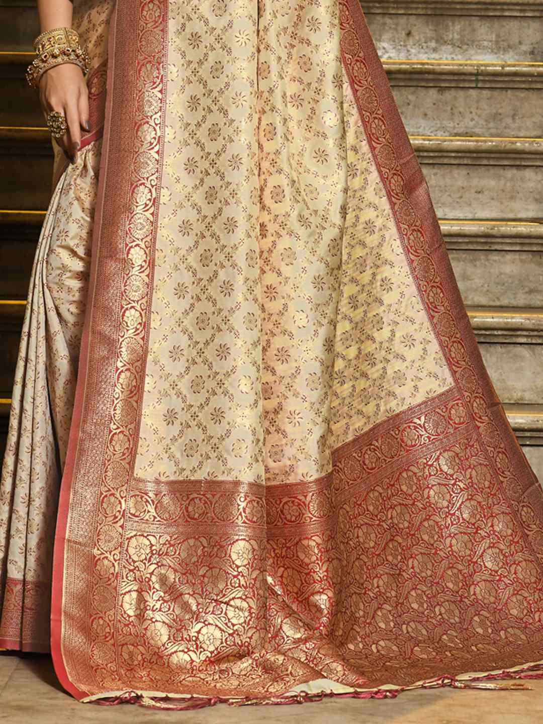 Cream and Maroon Woven Zari Work banarasi silk Saree