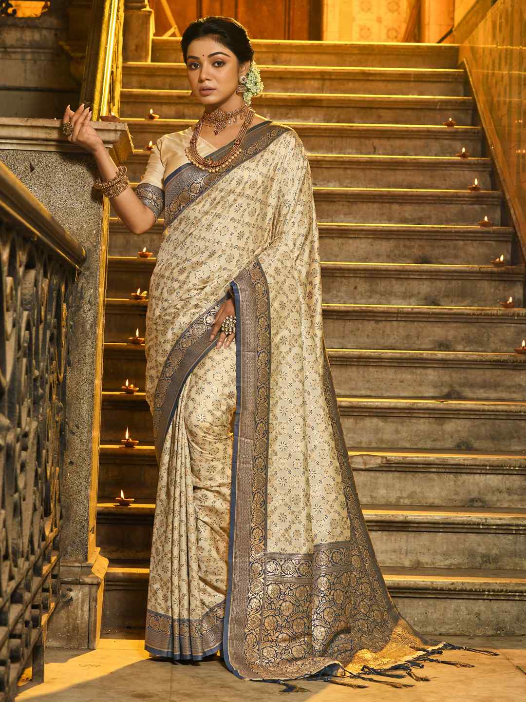 Cream and Maroon Woven Zari Work banarasi silk Saree
