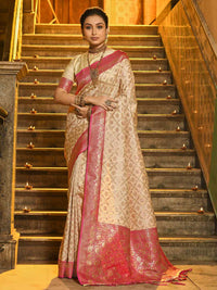 Cream and Maroon Woven Zari Work banarasi silk Saree