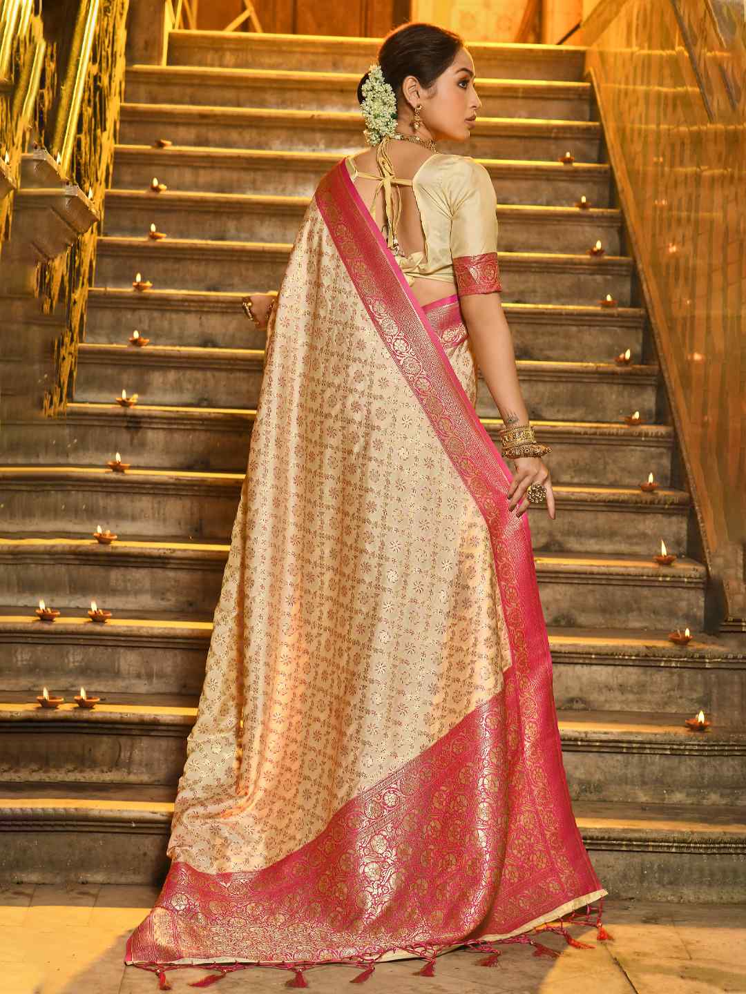 Cream and Maroon Woven Zari Work banarasi silk Saree
