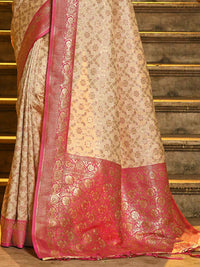 Cream and Maroon Woven Zari Work banarasi silk Saree