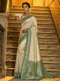 Cream and Maroon Woven Zari Work banarasi silk Saree