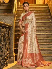 Cream and Maroon Woven Zari Work banarasi silk Saree