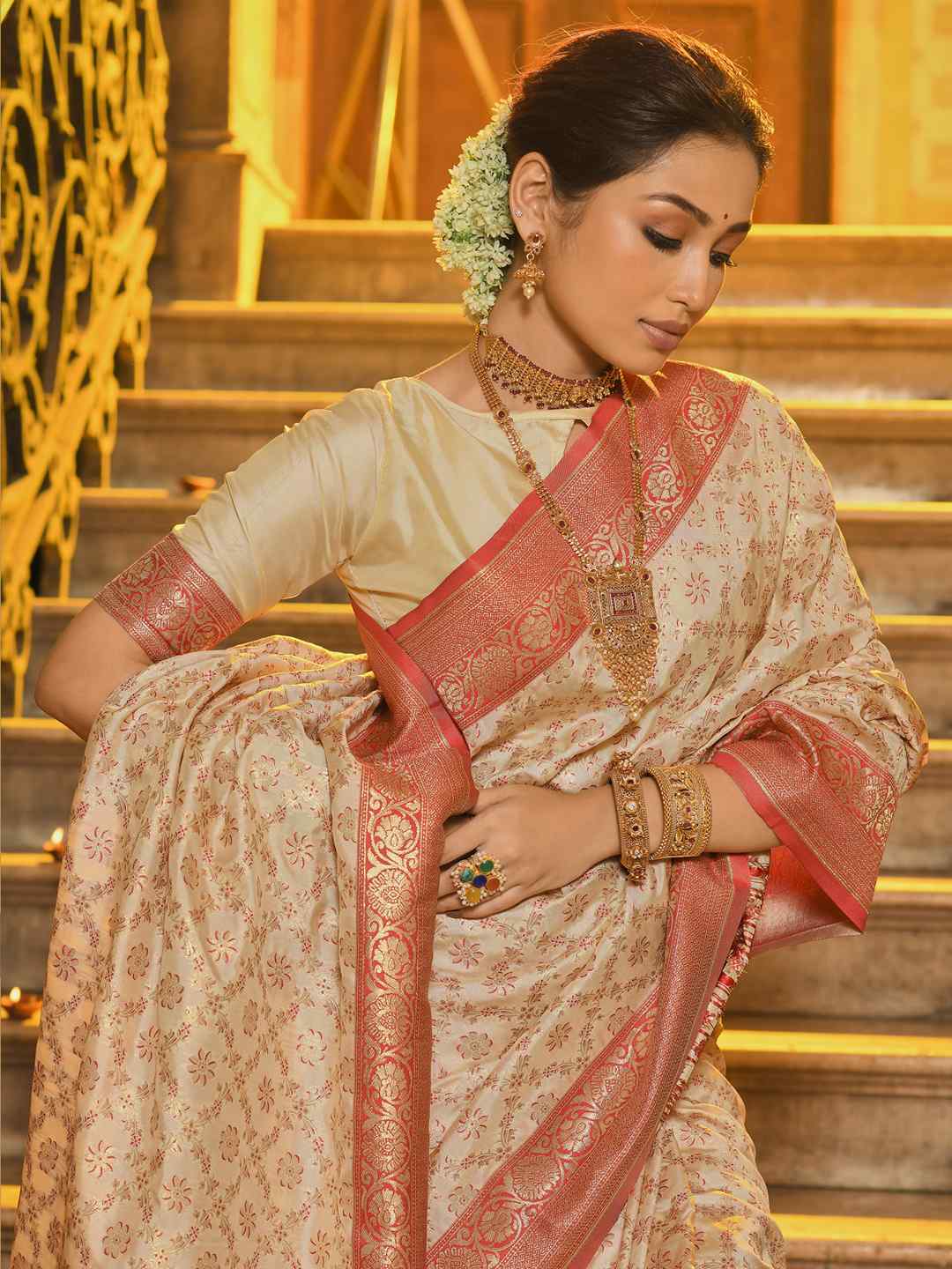 Cream and Maroon Woven Zari Work banarasi silk Saree