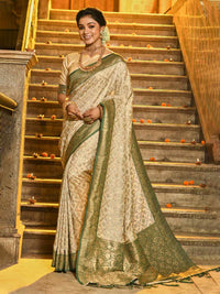 Cream and Maroon Woven Zari Work banarasi silk Saree