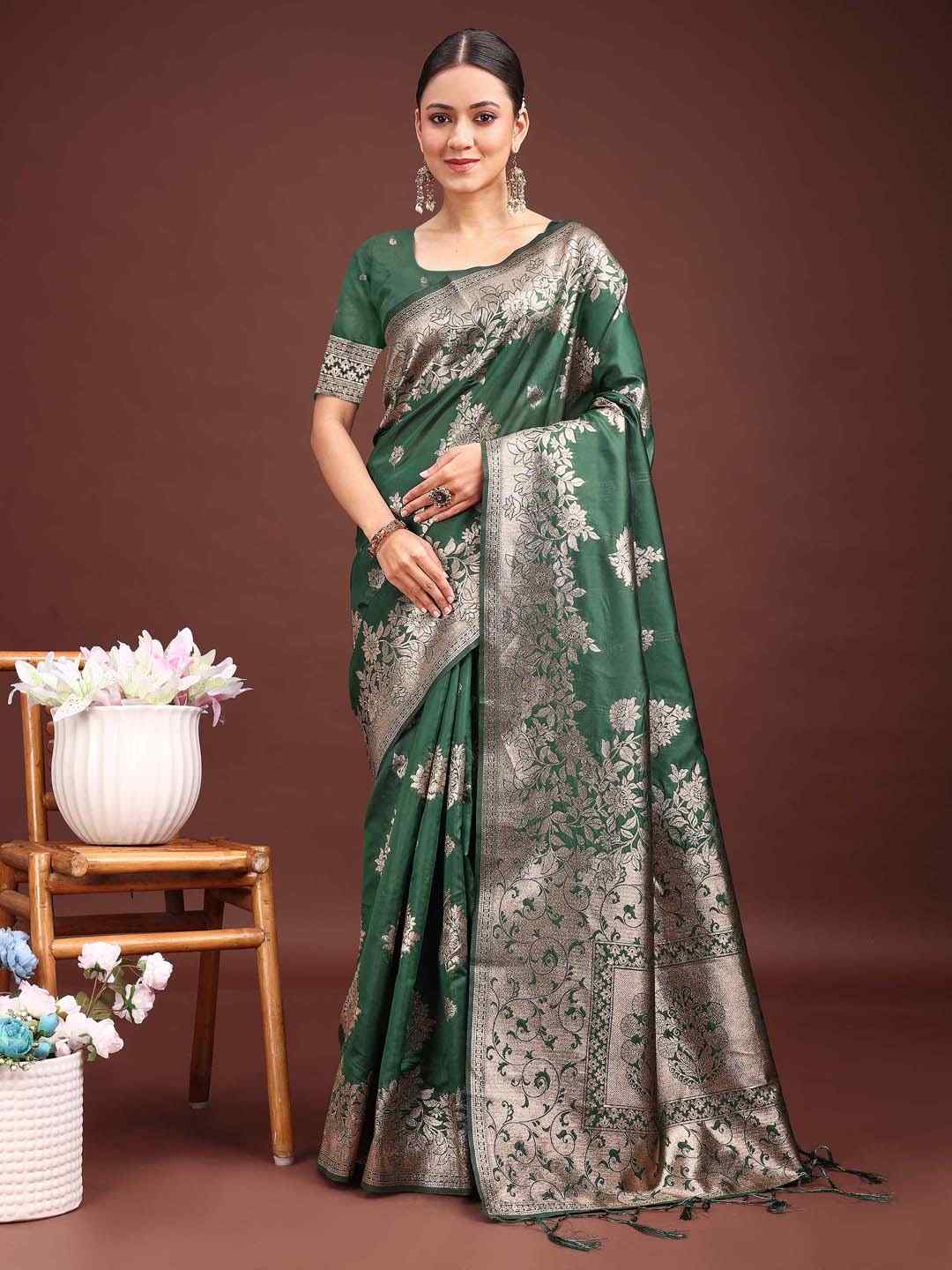 Dark Green Banarasi Silk Saree with Rich Zari Weaving & Heavy Pallu