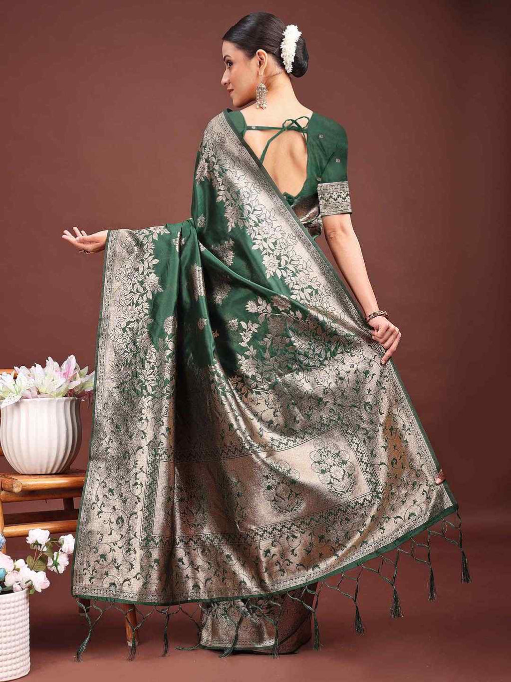 Dark Green Banarasi Silk Saree with Rich Zari Weaving & Heavy Pallu