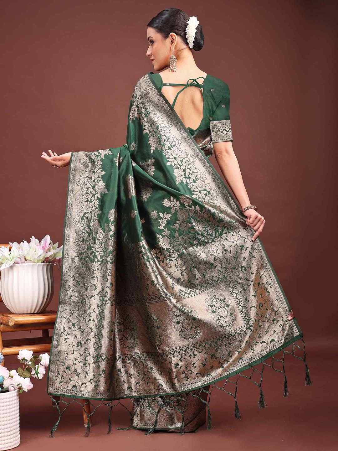 Dark Green Banarasi Silk Saree with Rich Zari Weaving & Heavy Pallu