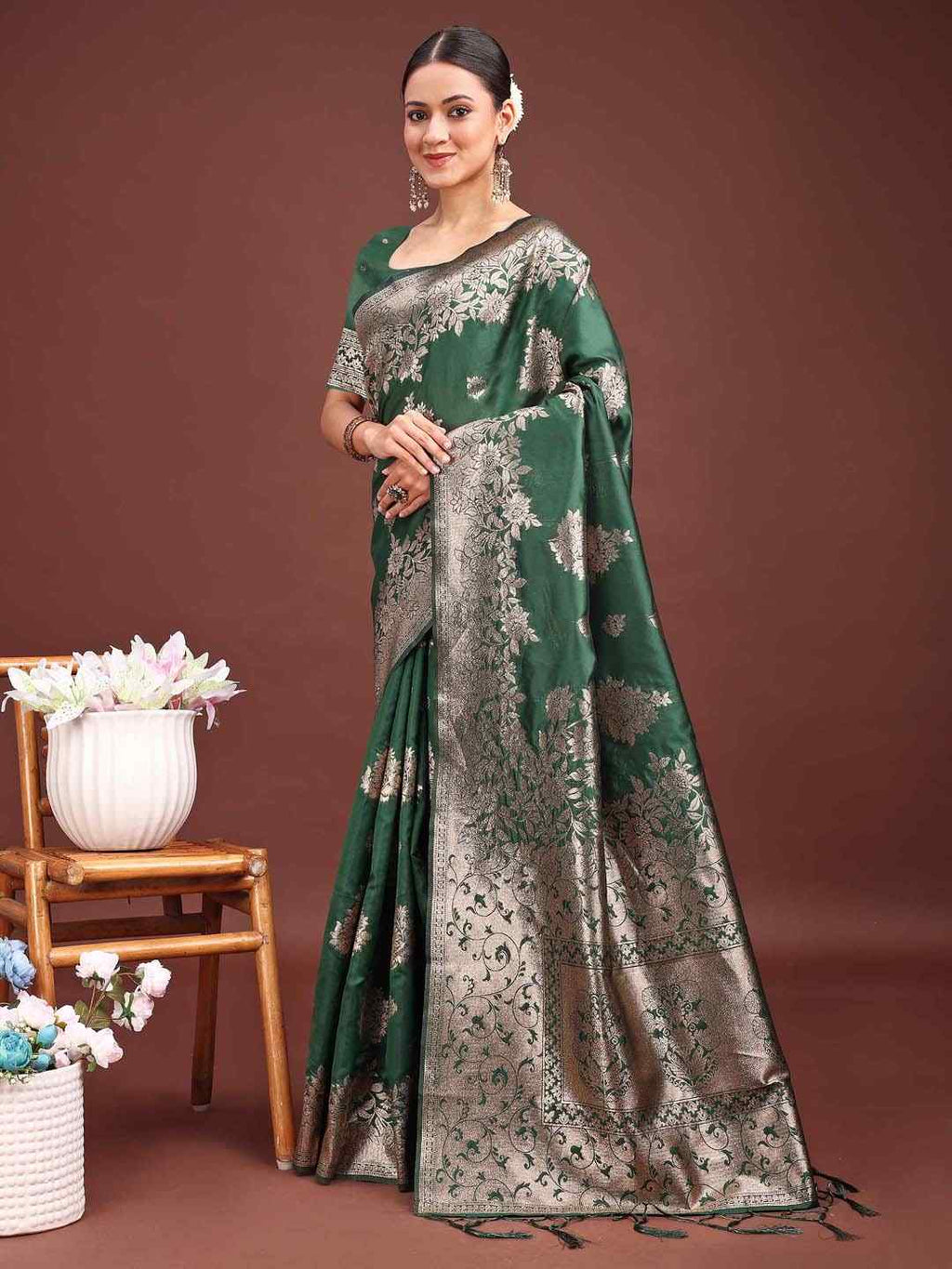 Dark Green Banarasi Silk Saree with Rich Zari Weaving & Heavy Pallu