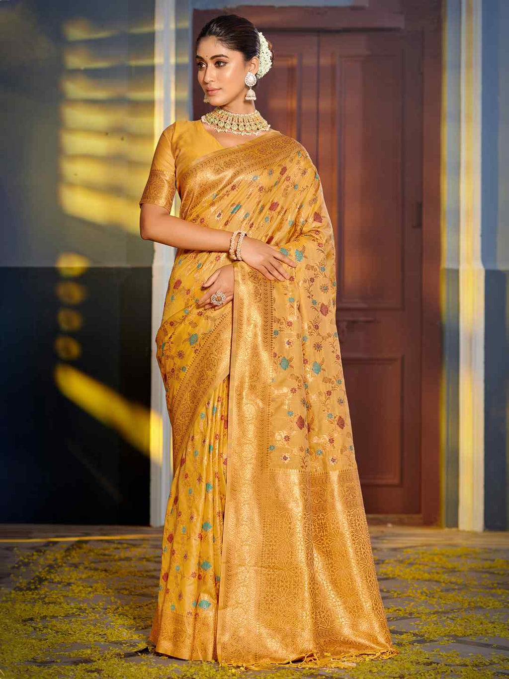 Mustard Yellow Banarasi Silk Saree with Golden Zari Work, Traditional Weave