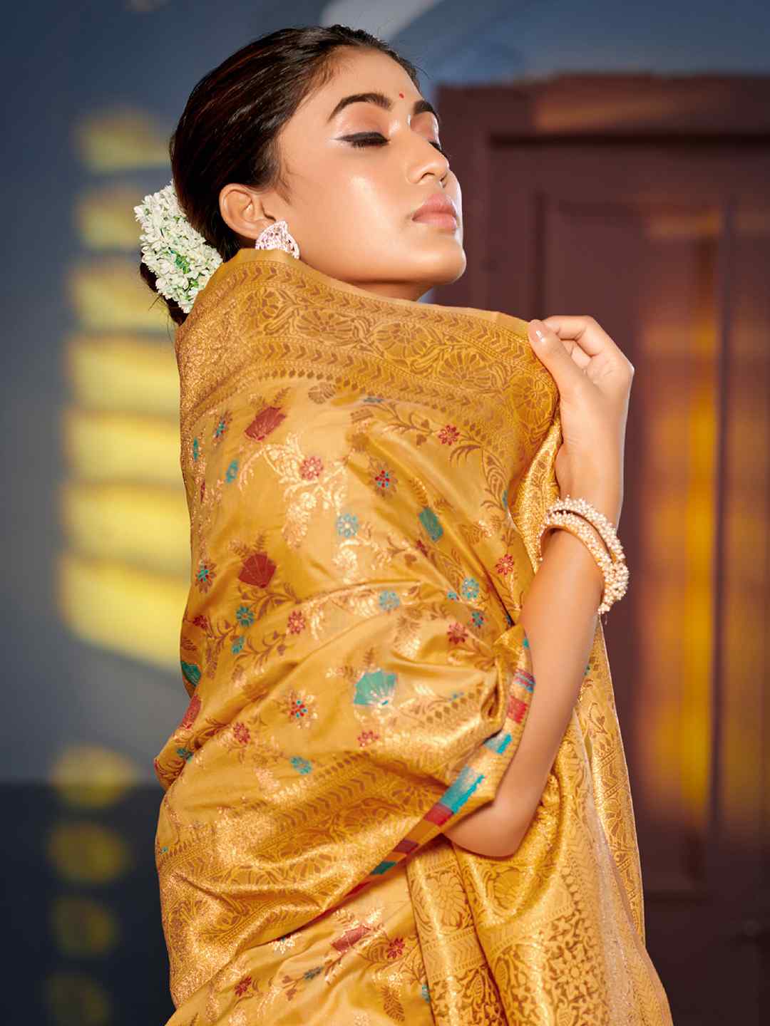 Mustard Yellow Banarasi Silk Saree with Golden Zari Work, Traditional Weave