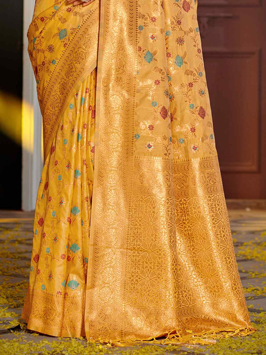 Mustard Yellow Banarasi Silk Saree with Golden Zari Work, Traditional Weave