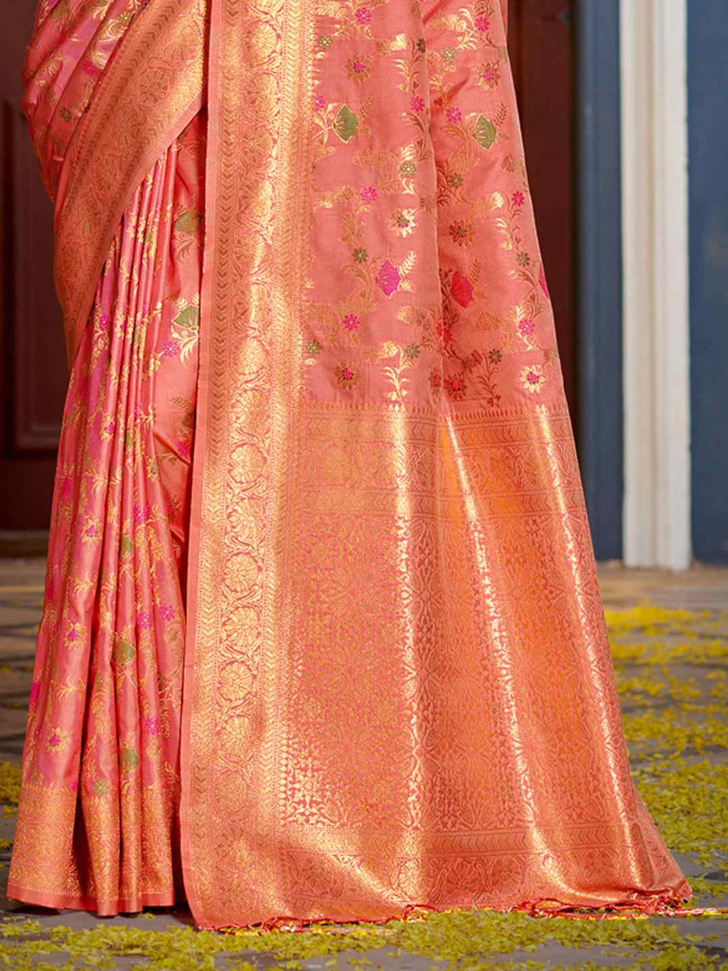 Mustard Yellow Banarasi Silk Saree with Golden Zari Work, Traditional Weave