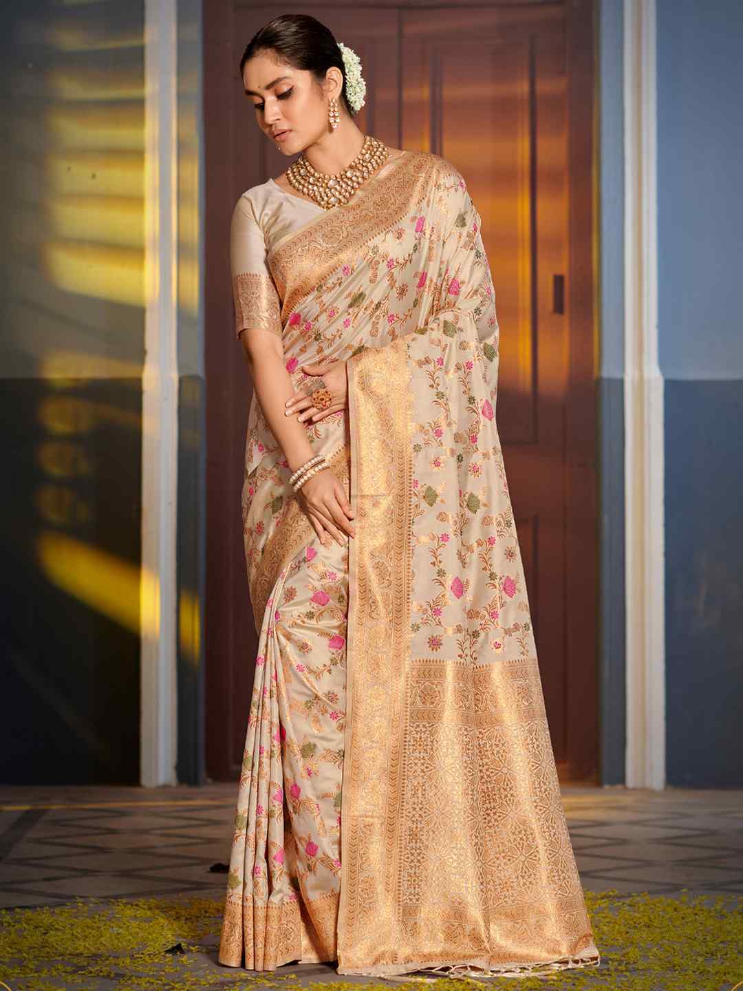 Mustard Yellow Banarasi Silk Saree with Golden Zari Work, Traditional Weave