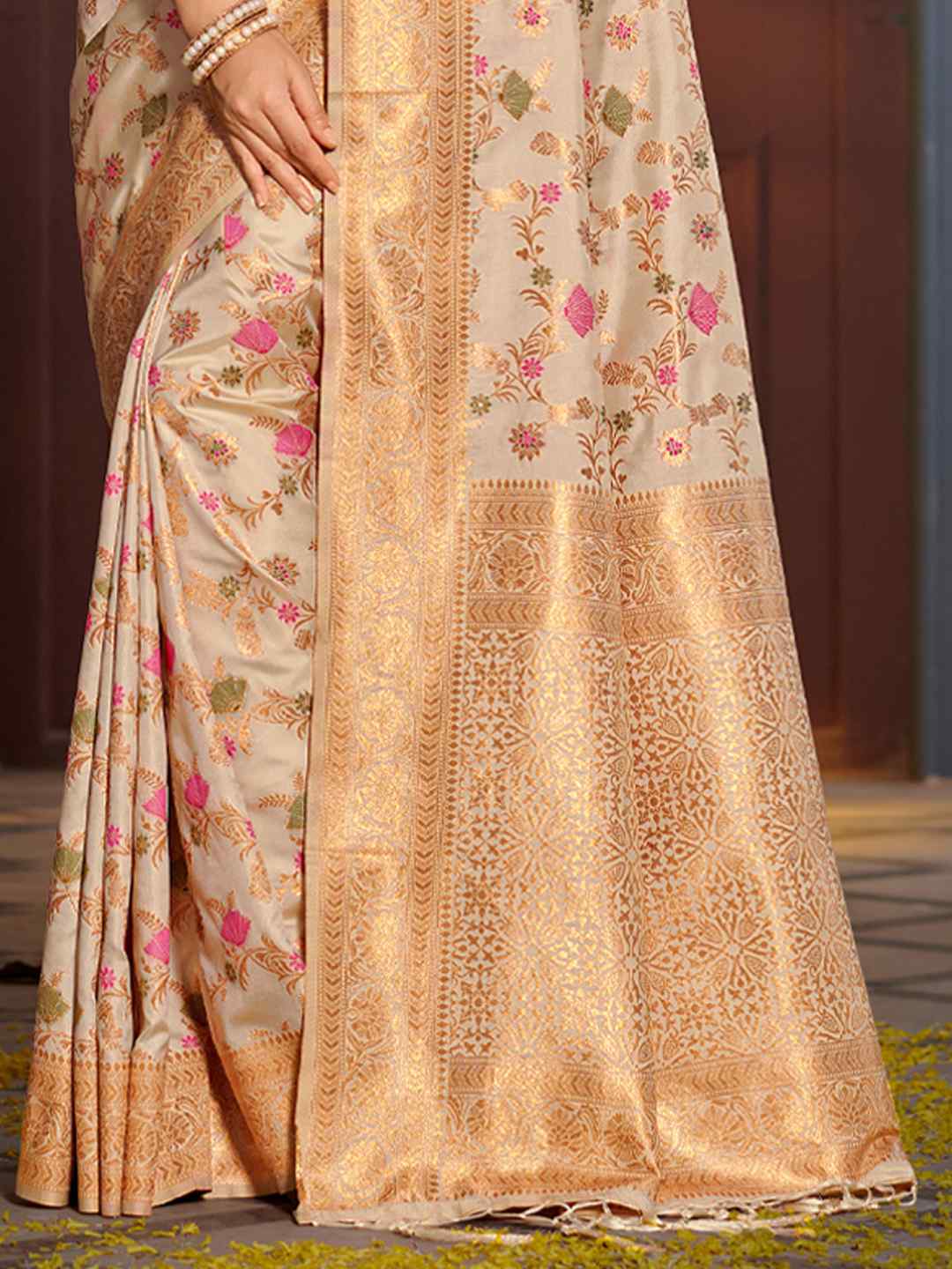 Mustard Yellow Banarasi Silk Saree with Golden Zari Work, Traditional Weave